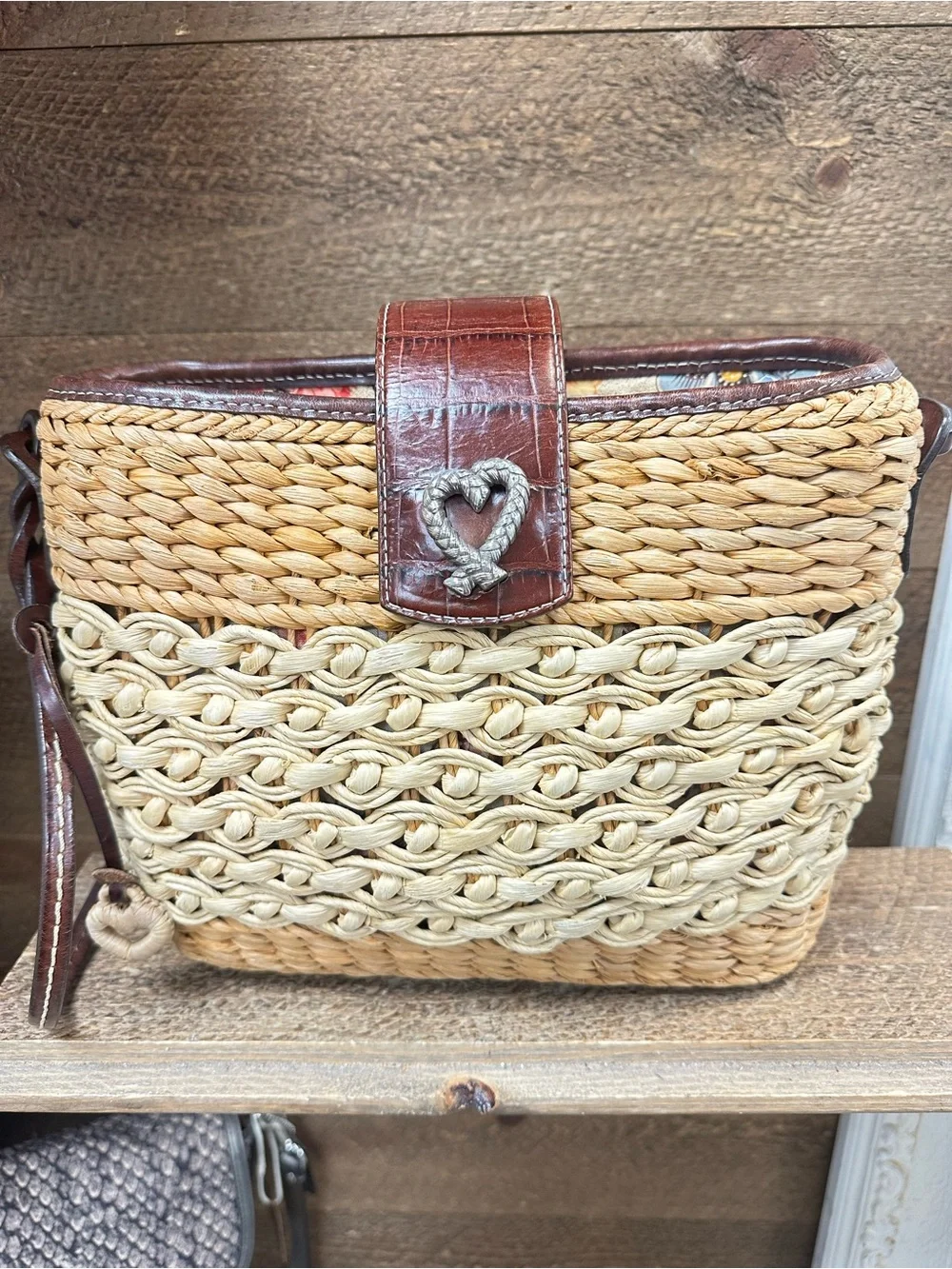 Brighton Woven Straw Crossbody in Natural and Cream with Brown Trim